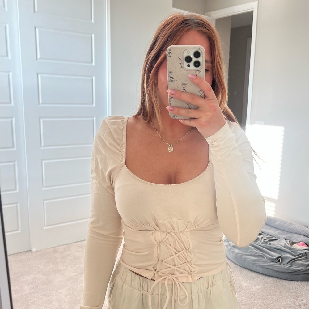 Cream Ruched Tie Front Long Sleeve Blouse
